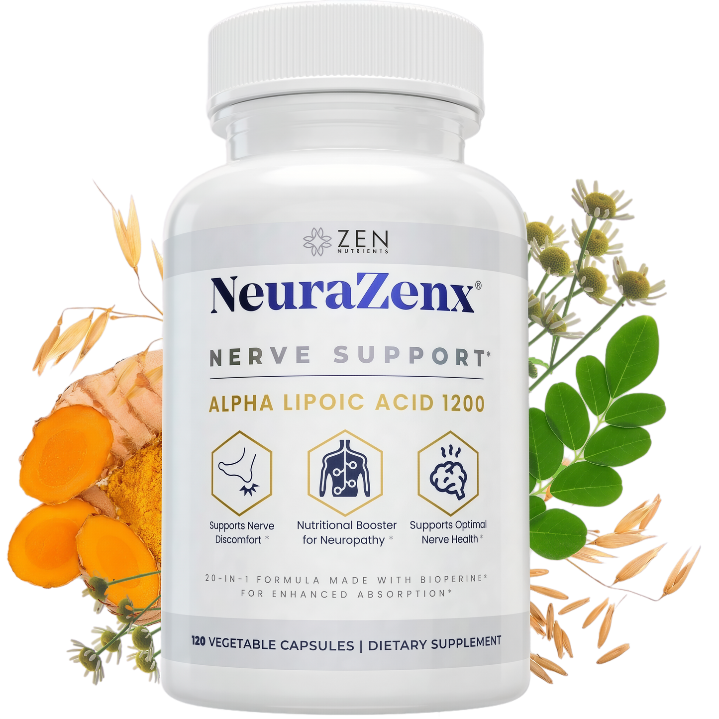 Zen Nutrients 1200mg Alpha Lipoic Acid R Matrix + Benfotiamine + B Complex Nerve Support - NeuraZenX Neuropathy Support Supplement with L-Carnitine and Turmeric (120 Capsules)