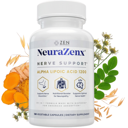 Zen Nutrients 1200mg Alpha Lipoic Acid R Matrix + Benfotiamine + B Complex Nerve Support - NeuraZenX Neuropathy Support Supplement with L-Carnitine and Turmeric (120 Capsules)
