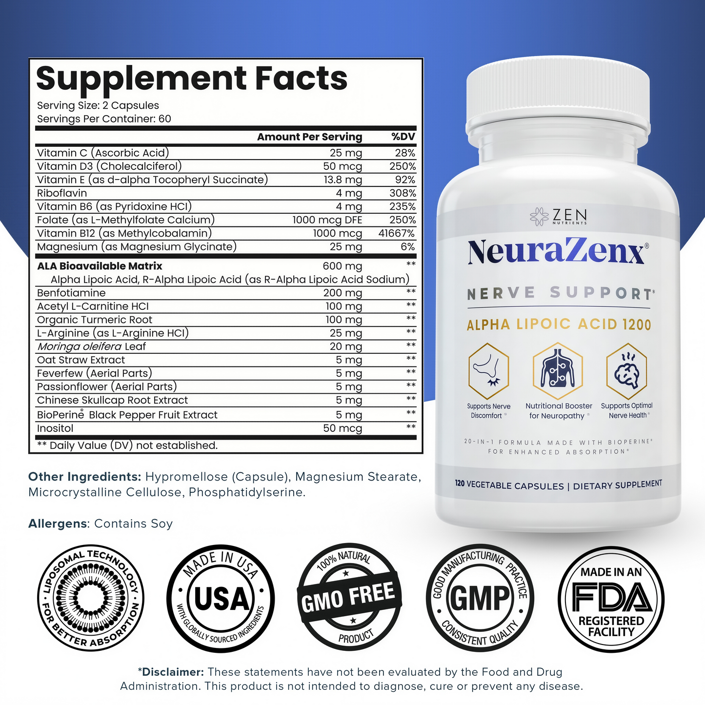 Zen Nutrients 1200mg Alpha Lipoic Acid R Matrix + Benfotiamine + B Complex Nerve Support - NeuraZenX Neuropathy Support Supplement with L-Carnitine and Turmeric (120 Capsules)