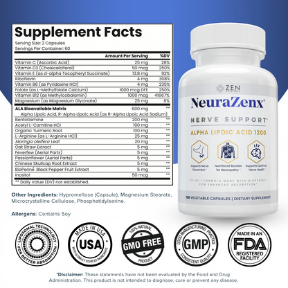 Zen Nutrients 1200mg Alpha Lipoic Acid R Matrix + Benfotiamine + B Complex Nerve Support - NeuraZenX Neuropathy Support Supplement with L-Carnitine and Turmeric (120 Capsules)