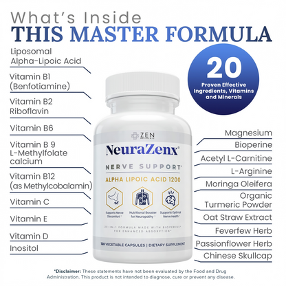 Zen Nutrients 1200mg Alpha Lipoic Acid R Matrix + Benfotiamine + B Complex Nerve Support - NeuraZenX Neuropathy Support Supplement with L-Carnitine and Turmeric (120 Capsules)
